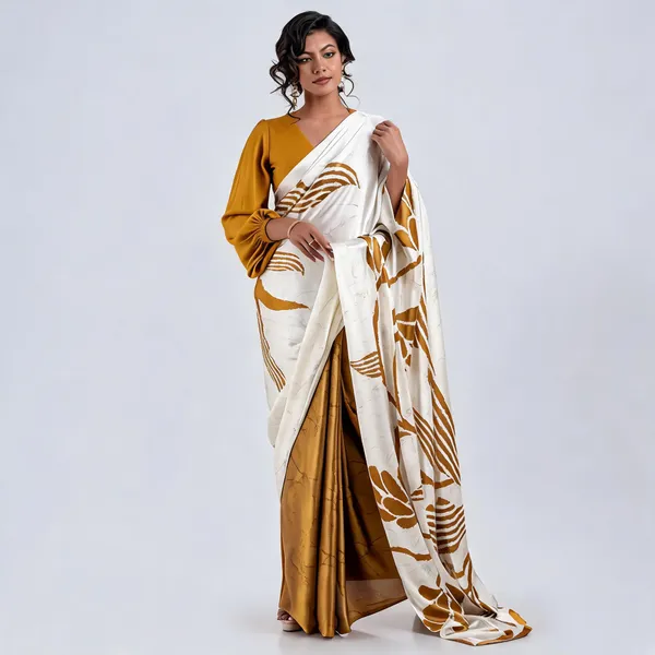 White_Mustard_Printed_Saree_For_Women