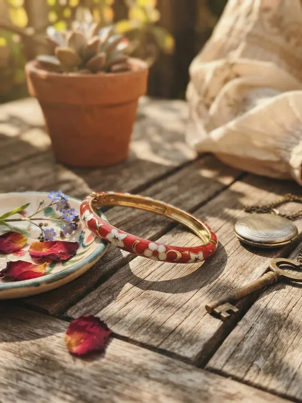 Red_Floral_Enamel_Gold_Tone_Bangle_For_Women