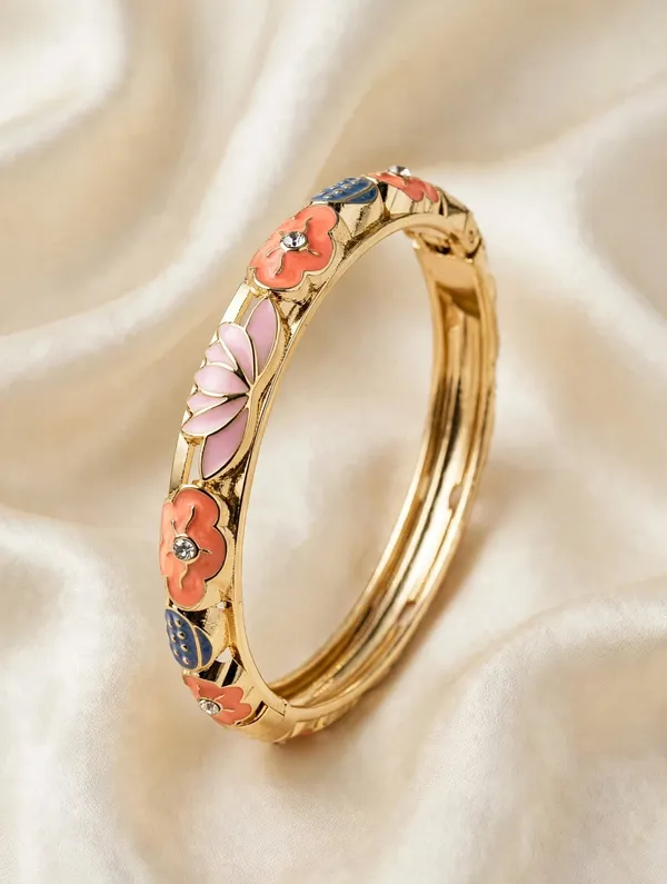 Gold_Botanical_Enamel_Hinged_Bangle_for_Women