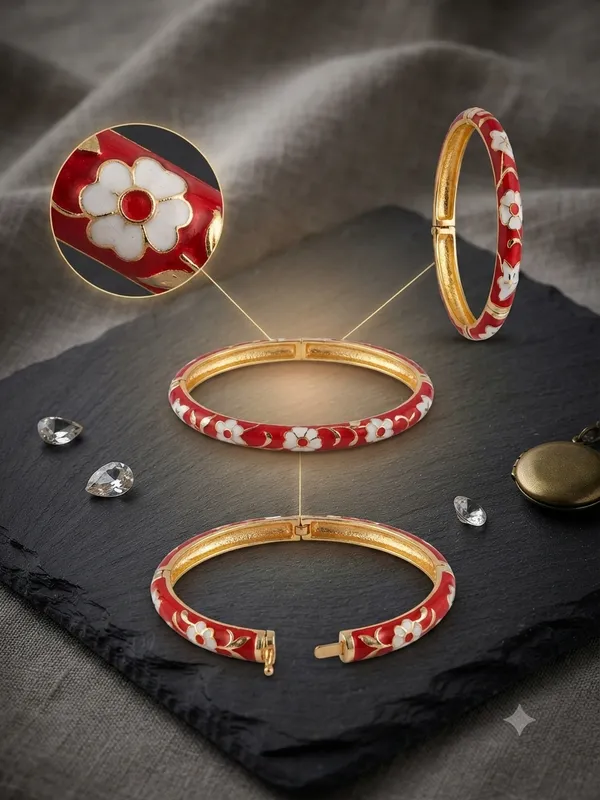 Red_Floral_Enamel_Gold_Tone_Bangle_For_Women