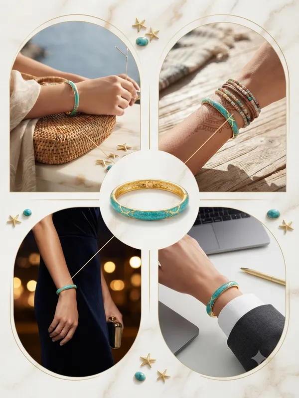 Turquoise_Gold_Tone_Textured_Bangle_for_Women