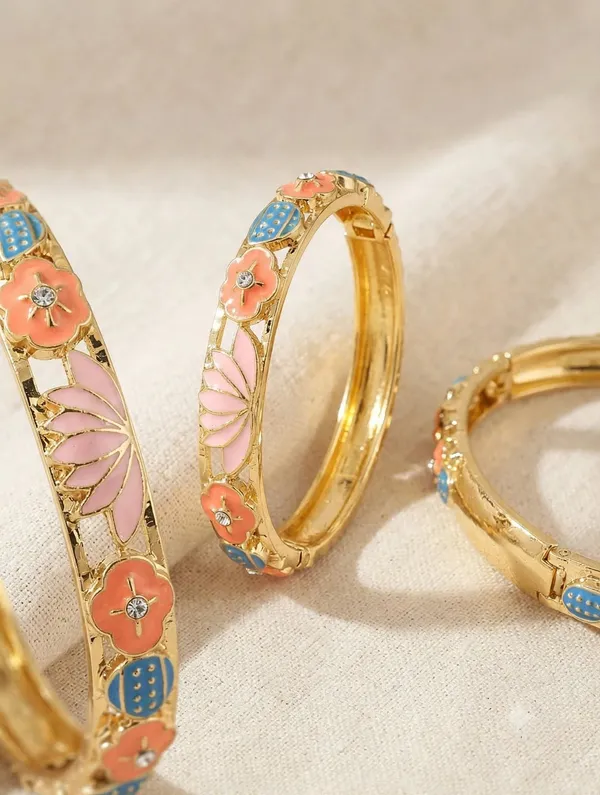 Gold_Botanical_Enamel_Hinged_Bangle_for_Women