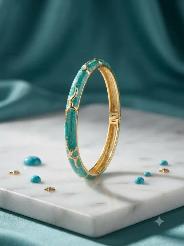 Turquoise_Gold_Tone_Textured_Bangle_for_Women