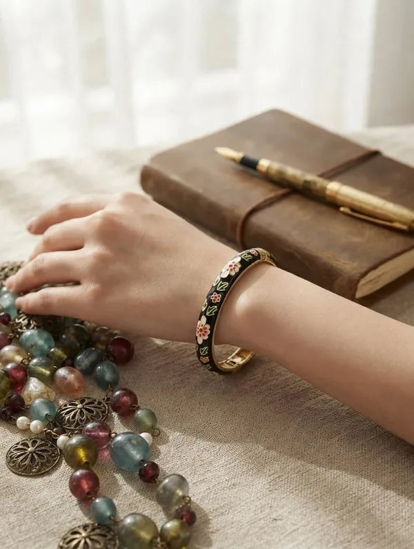 Black_Gold-Tone_Enamel_Floral_Bangle_for_Women