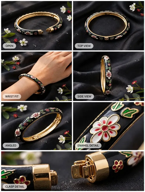 Black_Gold-Tone_Enamel_Floral_Bangle_for_Women