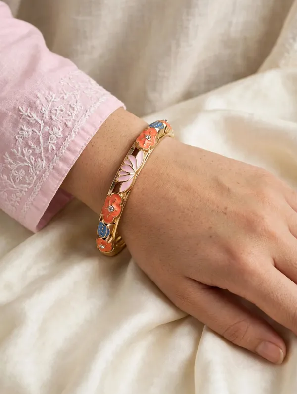 Gold_Botanical_Enamel_Hinged_Bangle_for_Women