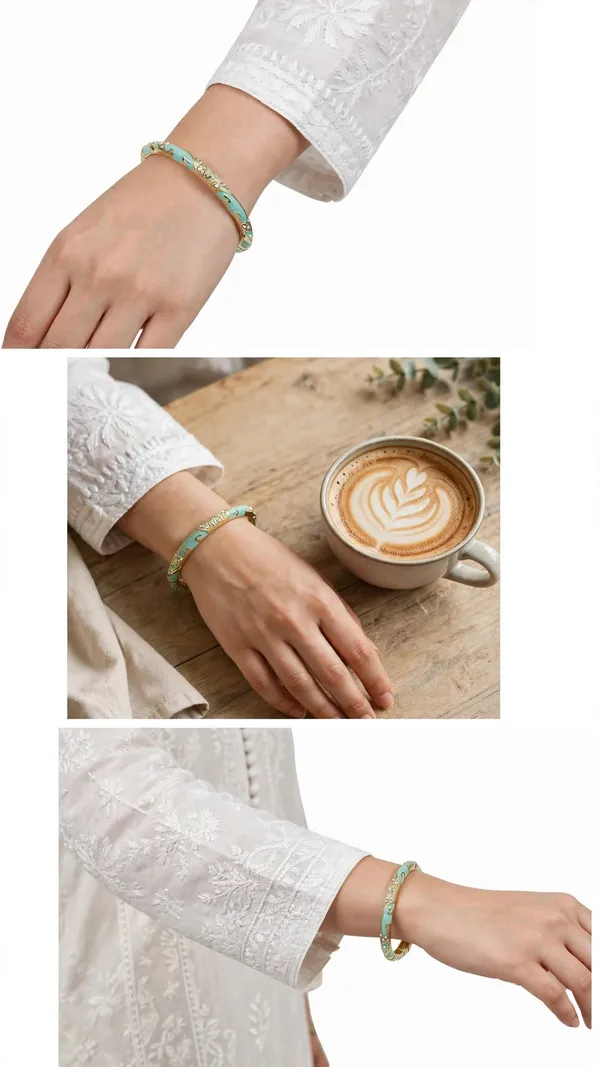 Gold-Tone_Turquoise_Enamel_Hinged_Bangle_for_Women