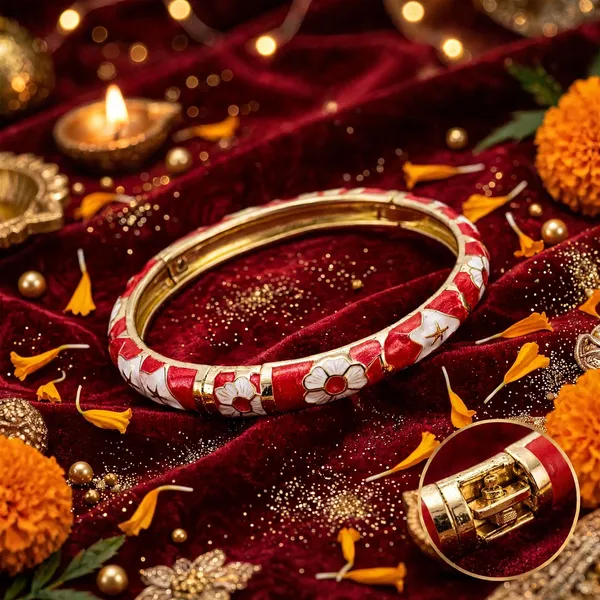Red_Floral_Enamel_Gold_Tone_Bangle_For_Women