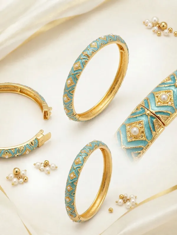 Blue_Enamel_Gold-Tone_Hinged_Bangle_for_Women
