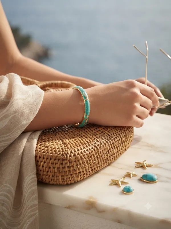 Turquoise_Gold_Tone_Textured_Bangle_for_Women