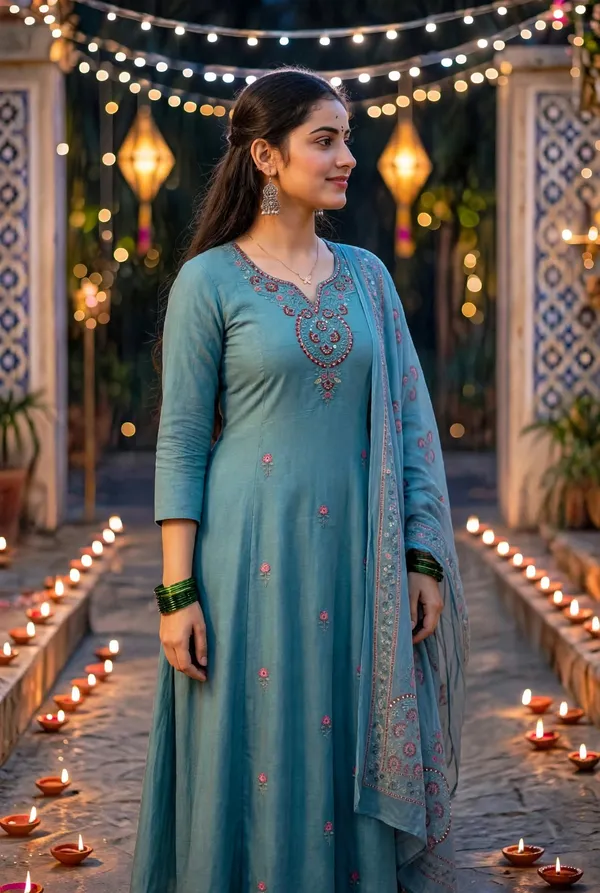 Teal_Embroidered_Straight_Kurta_Set_For_Women