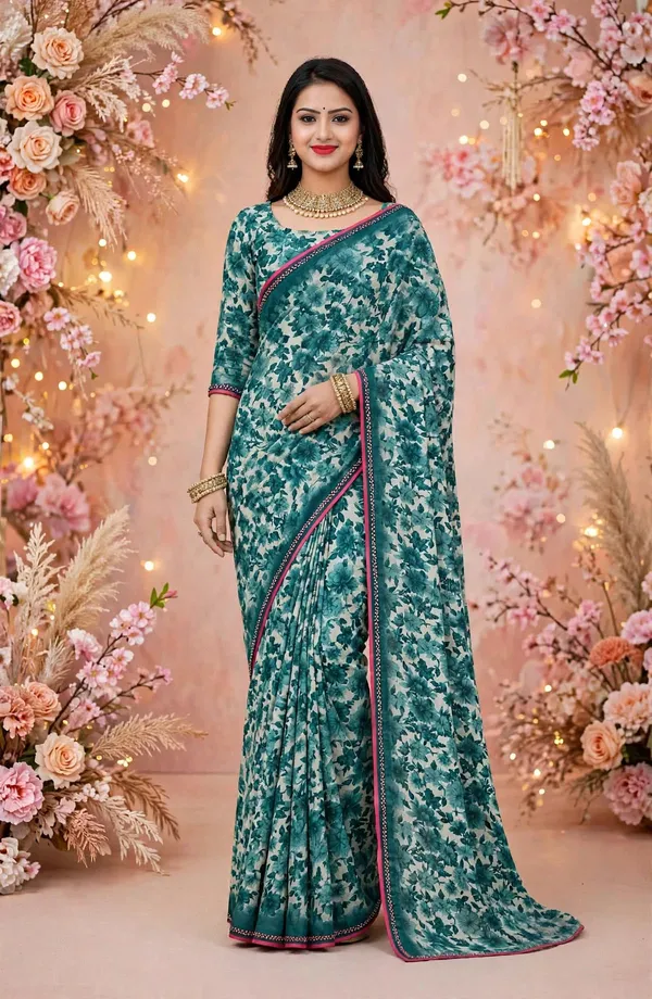 Teal_Floral_Print_Saree_For_Women