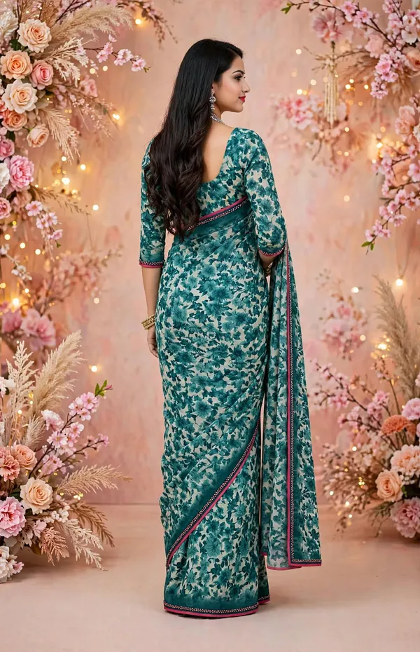 Teal_Floral_Print_Saree_For_Women