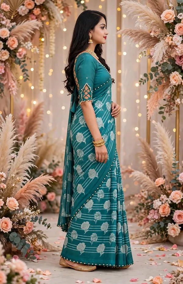 Teal_Floral_Print_Saree_With_Embellished_Blouse_For_Women