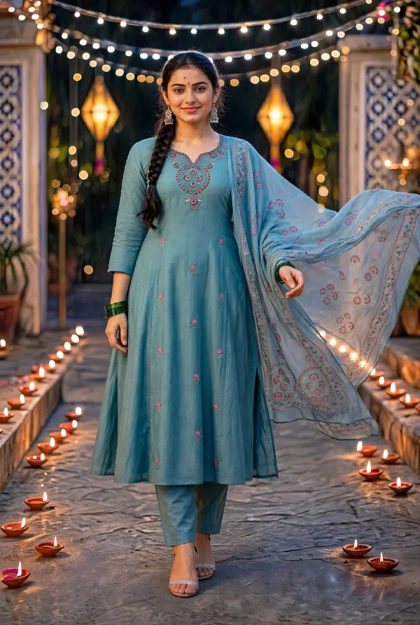 Teal_Embroidered_Straight_Kurta_Set_For_Women