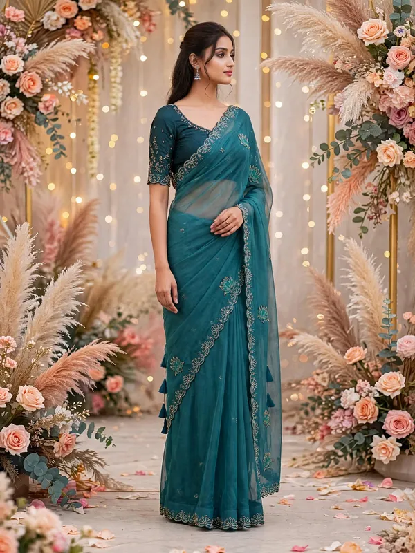 Teal_Embroidered_Saree_For_Women