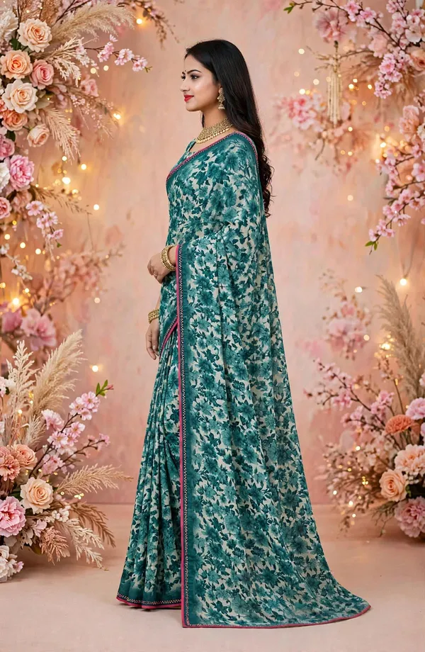 Teal_Floral_Print_Saree_For_Women