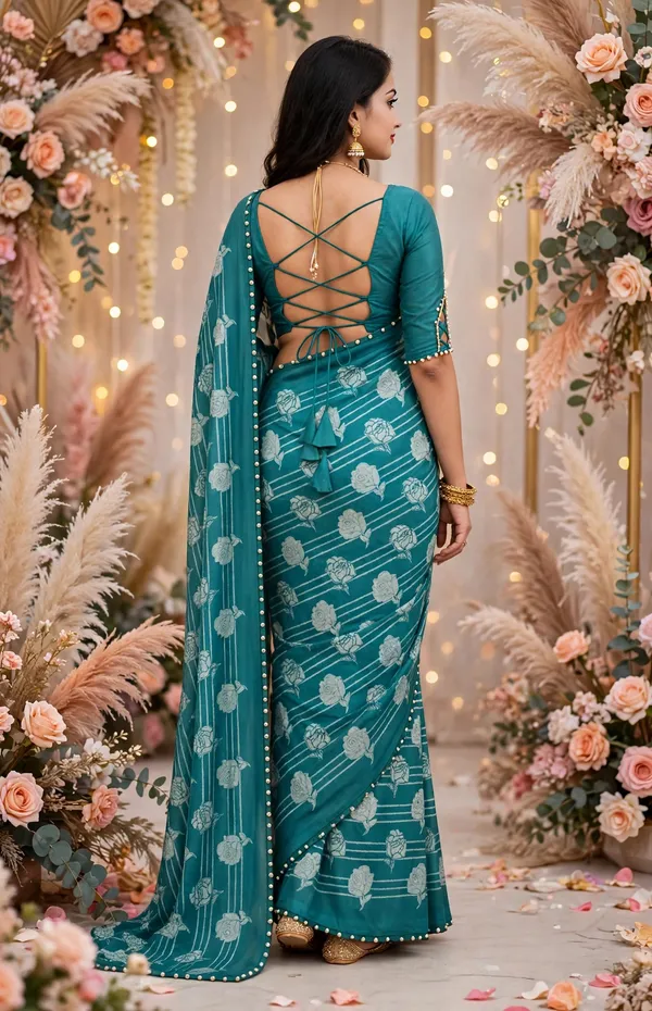 Teal_Floral_Print_Saree_With_Embellished_Blouse_For_Women