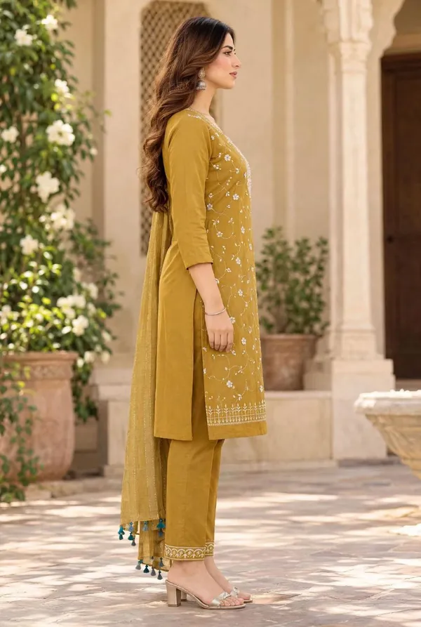 Mustard_Embroidered_Straight_Kurta_Set_For_Women