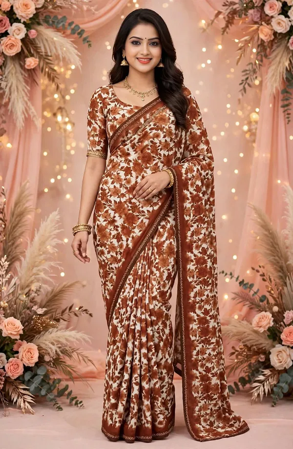 Brown_Floral_Print_Saree_For_Women