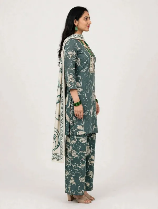 Green_Floral_Print_Straight_Kurta_Pant_Set_For_Women