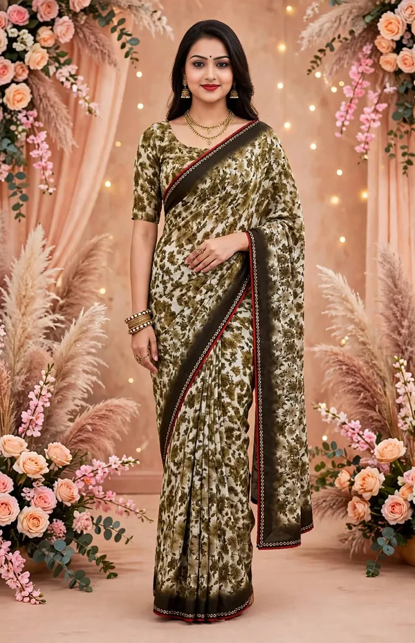 Olive_Green_Floral_Print_Saree_For_Women