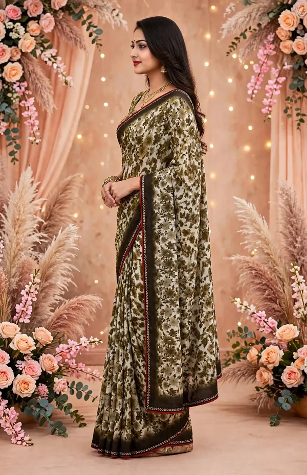 Olive_Green_Floral_Print_Saree_For_Women