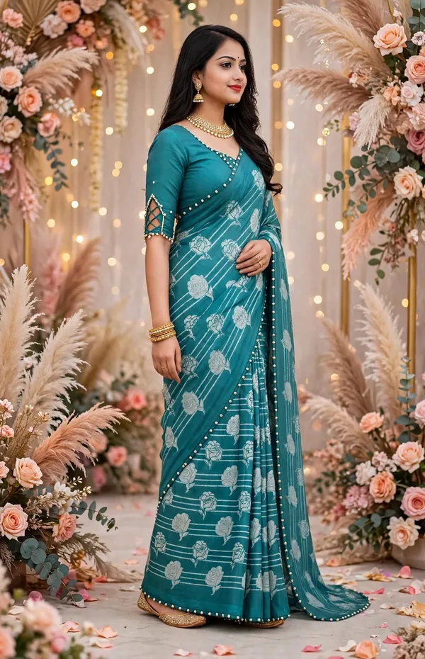 Teal_Floral_Print_Saree_With_Embellished_Blouse_For_Women