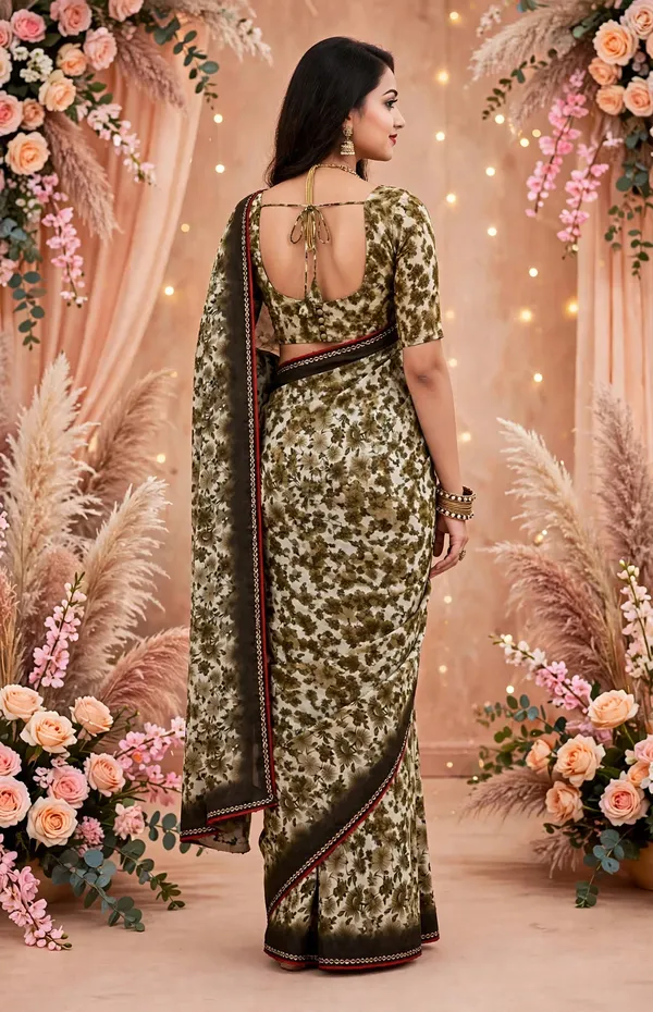 Olive_Green_Floral_Print_Saree_For_Women