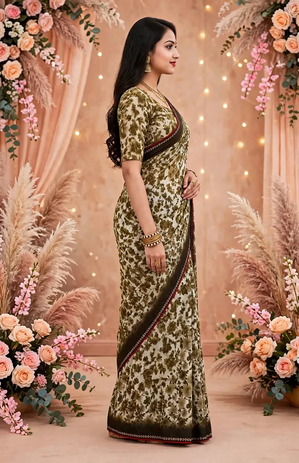 Olive_Green_Floral_Print_Saree_For_Women