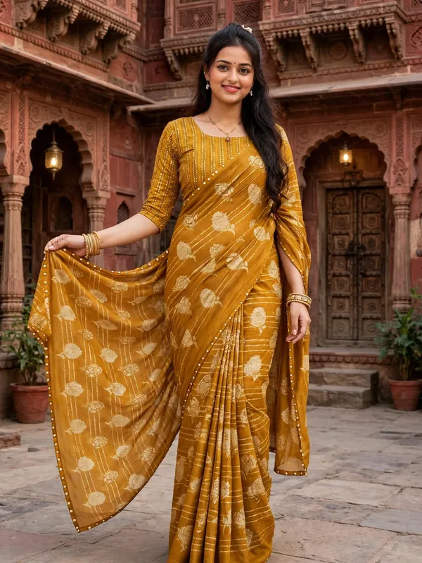 Mustard_Floral_Print_Saree_For_Women