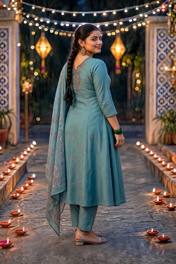 Teal_Embroidered_Straight_Kurta_Set_For_Women