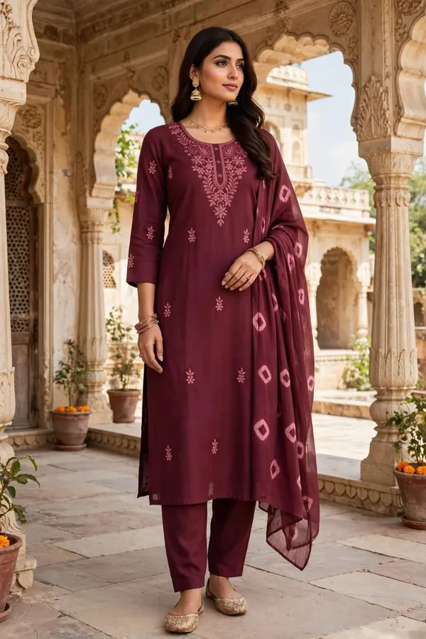 Maroon_Embroidered_Straight_Kurta_Set_For_Women