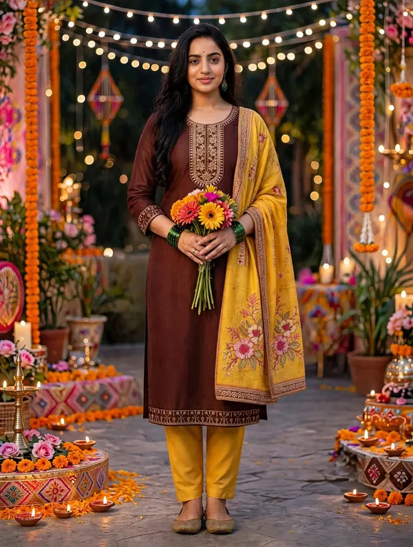 Brown_And_Yellow_Embroidered_Kurta_Set_For_Women