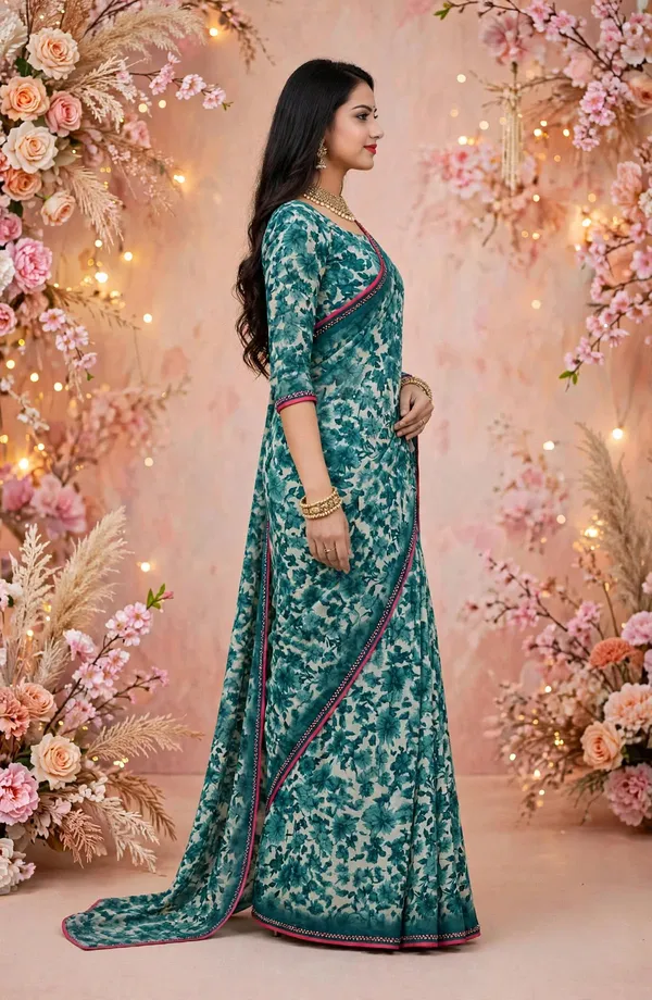 Teal_Floral_Print_Saree_For_Women