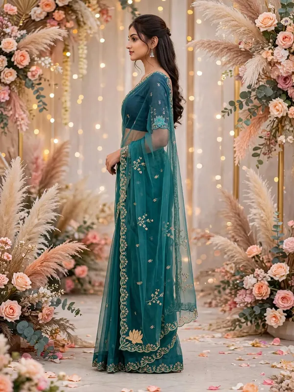 Teal_Embroidered_Saree_For_Women
