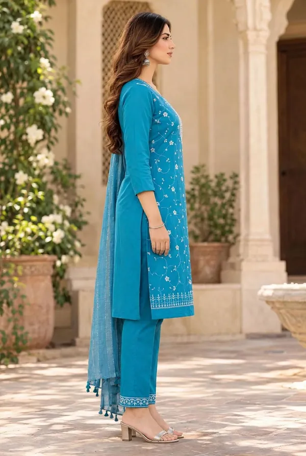 Turquoise_Embroidered_Straight_Kurta_Set_For_Women