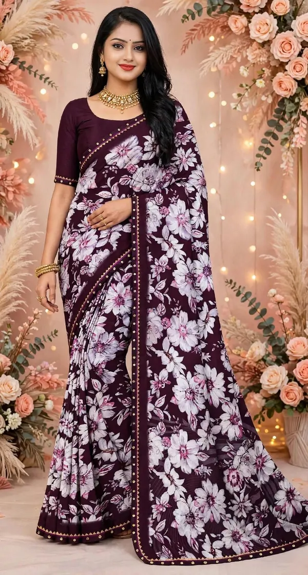 Maroon_Floral_Print_Saree_For_Women