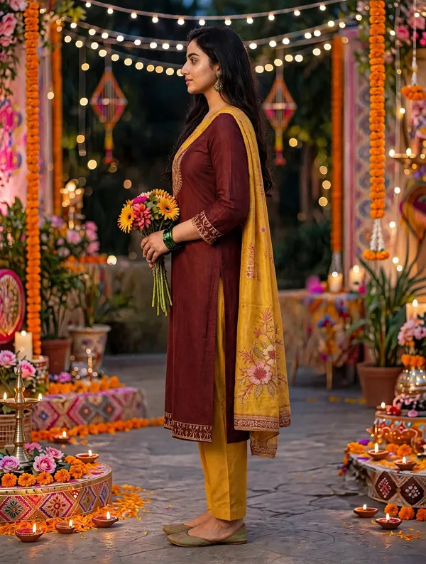 Brown_And_Yellow_Embroidered_Kurta_Set_For_Women