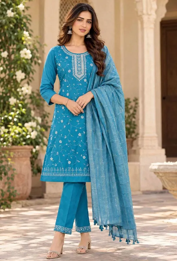 Turquoise_Embroidered_Straight_Kurta_Set_For_Women