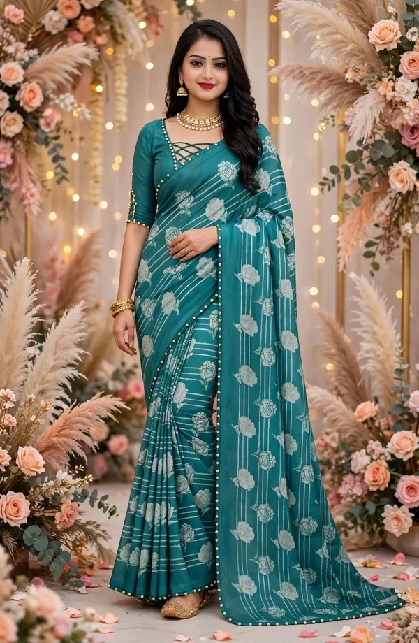 Teal_Floral_Print_Saree_With_Embellished_Blouse_For_Women