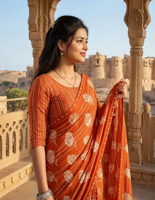 Orange_Floral_Printed_Saree_For_Women