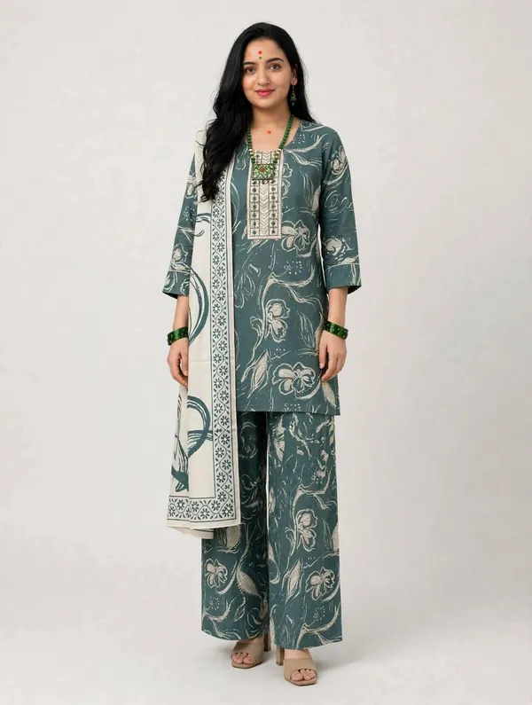 Green_Floral_Print_Straight_Kurta_Pant_Set_For_Women