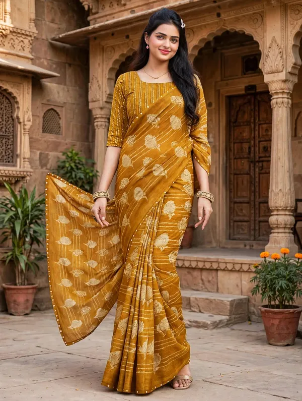 Mustard_Floral_Print_Saree_For_Women