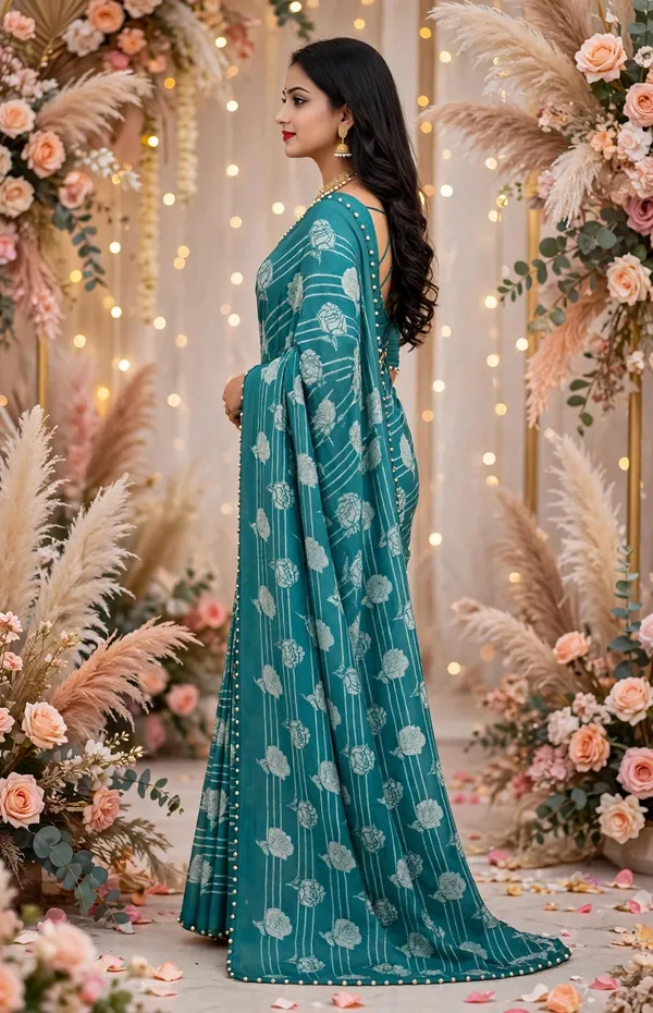 Teal_Floral_Print_Saree_With_Embellished_Blouse_For_Women