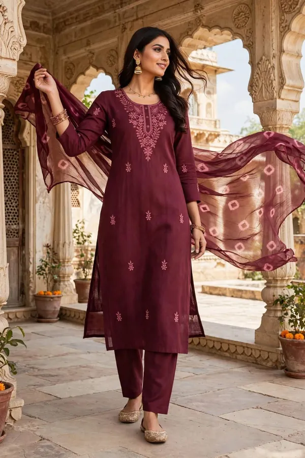 Maroon_Embroidered_Straight_Kurta_Set_For_Women
