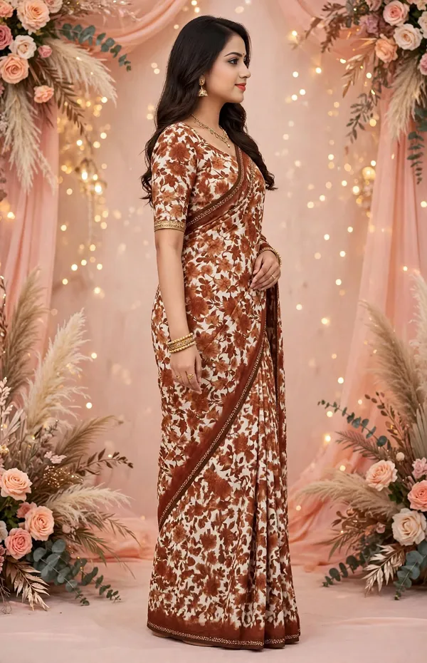 Brown_Floral_Print_Saree_For_Women