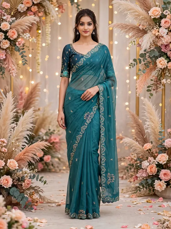 Teal_Embroidered_Saree_For_Women