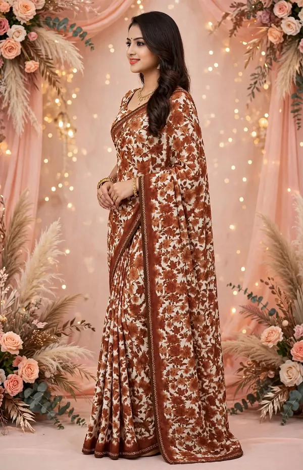 Brown_Floral_Print_Saree_For_Women