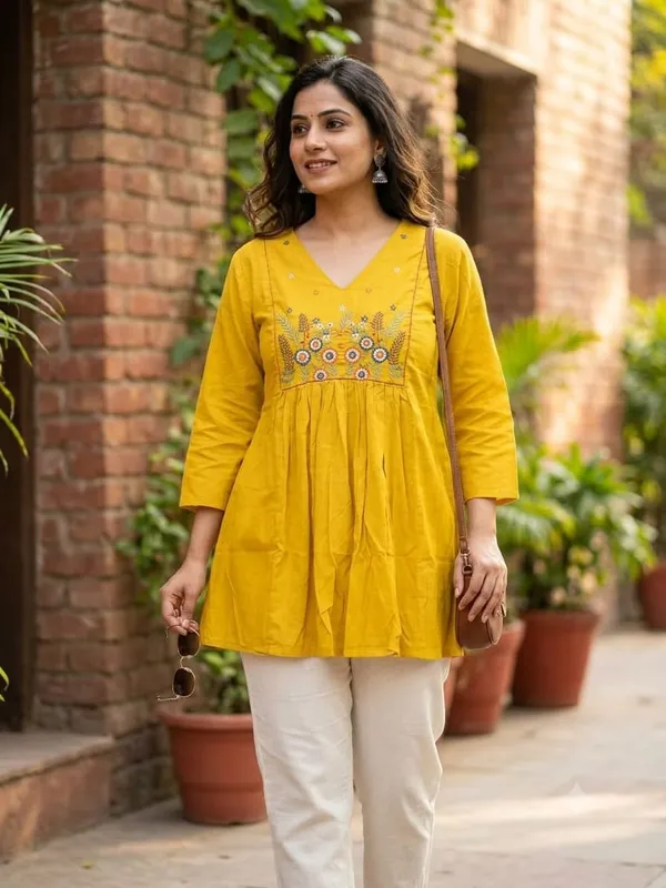 Yellow_Embroidered_Flared_Kurti_for_Women